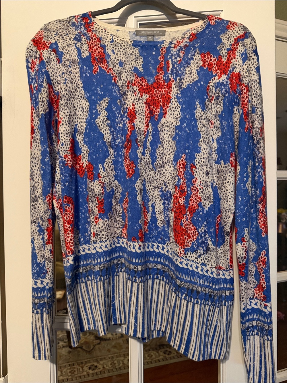 Neiman Marcus Blue Red White Abstract-Print Long Sleeve Crewneck Sweater